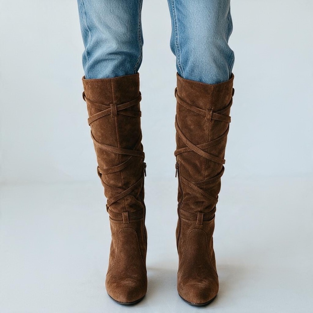 Vince Camuto Milly Brown Suede Strappy Tall Boots Size 6.5M Pointed Toe Heel